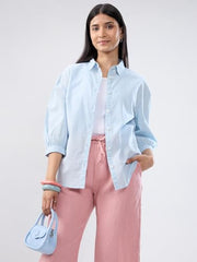 Women Spykar Blue Solid Regular Fit Shirt