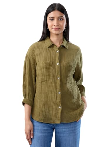 Women Spykar Green Solid Regular Fit Shirt