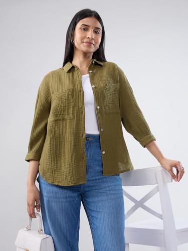 Women Spykar Green Solid Regular Fit Shirt