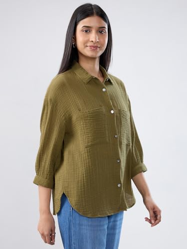 Women Spykar Green Solid Regular Fit Shirt