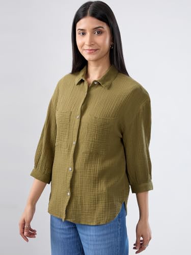 Women Spykar Green Solid Regular Fit Shirt