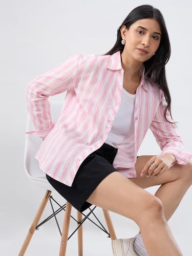 Women Spykar Pink Stripe Regular Fit Shirt