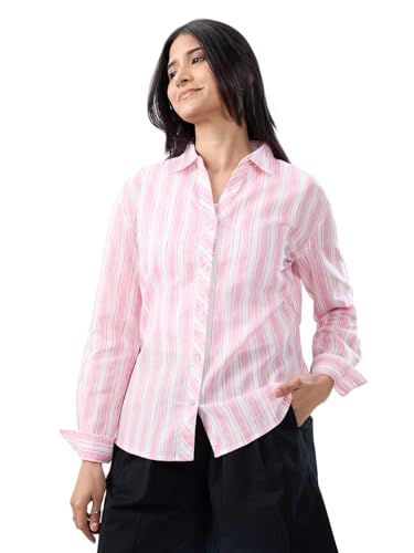 Women Spykar Pink Stripe Regular Fit Shirt