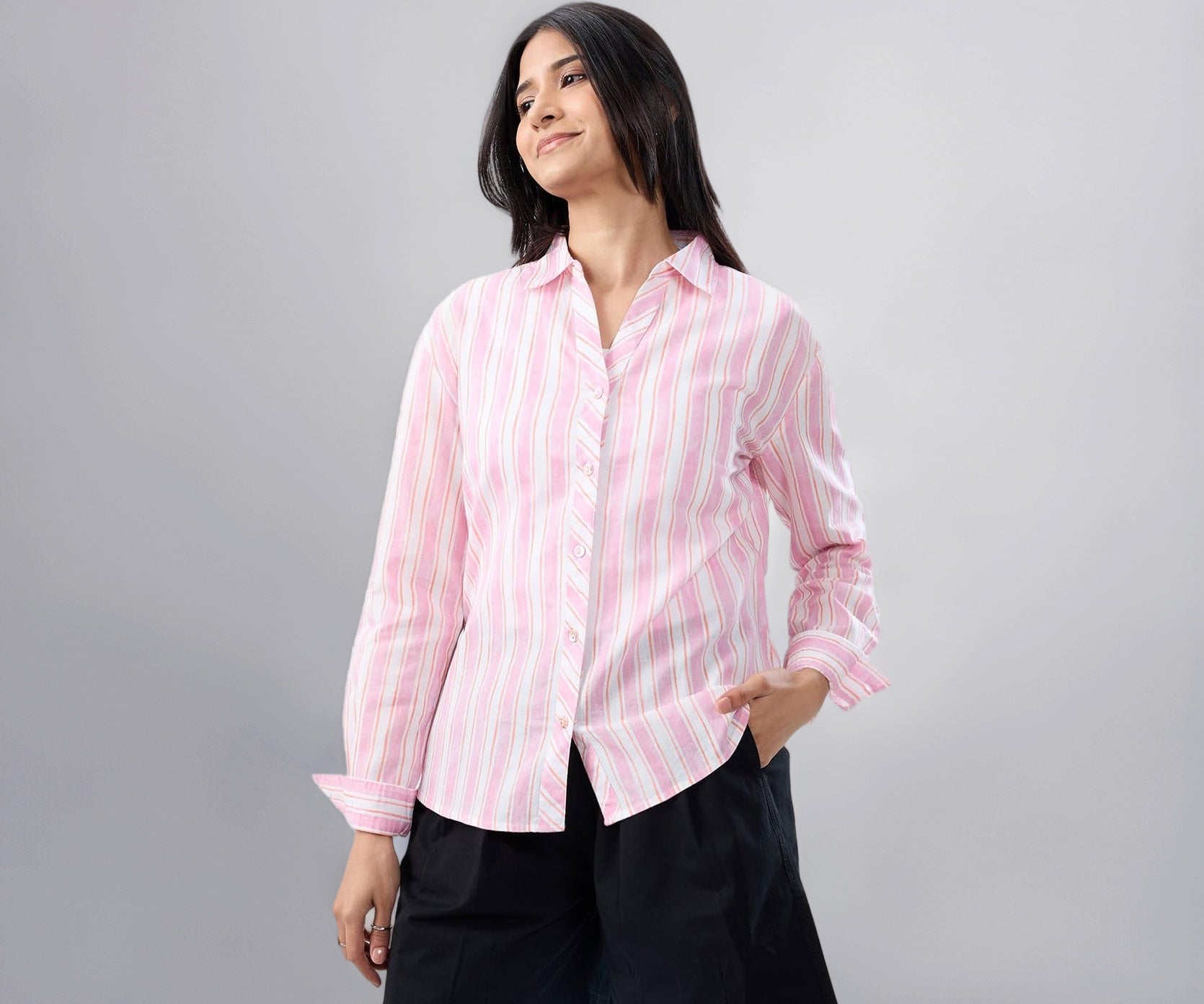 Women Spykar Pink Stripe Regular Fit Shirt