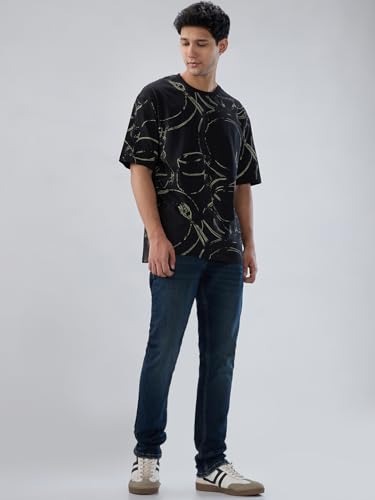 Men Spykar Black Print Relaxed Fit T-Shirt