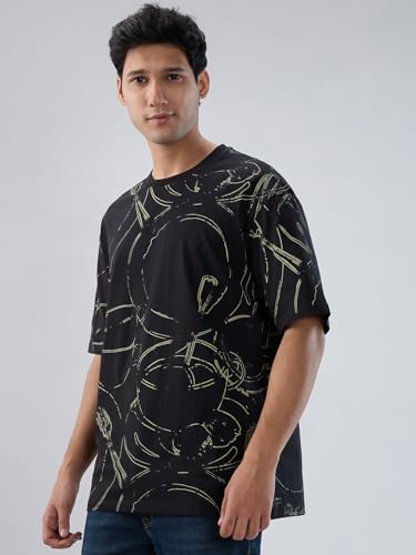 Men Spykar Black Print Relaxed Fit T-Shirt