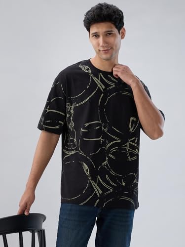 Men Spykar Black Print Relaxed Fit T-Shirt