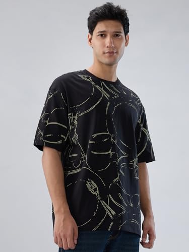 Men Spykar Black Print Relaxed Fit T-Shirt