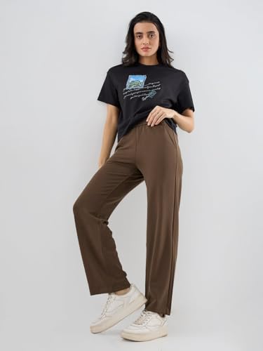 Spykar Brown Solid Straight Fit Mid Rise Trackpants for Women