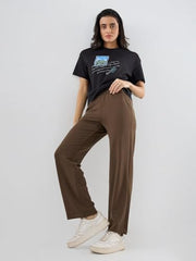 Spykar Brown Solid Straight Fit Mid Rise Trackpants for Women
