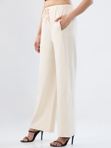 Women Spykar White Solid Wide Leg Mid Rise Knit Track Pant