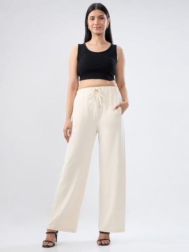 Women Spykar White Solid Wide Leg Mid Rise Knit Track Pant
