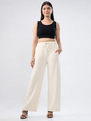 Women Spykar White Solid Wide Leg Mid Rise Knit Track Pant