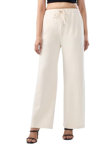 Women Spykar White Solid Wide Leg Mid Rise Knit Track Pant