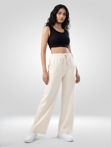 Women Spykar White Solid Wide Leg Mid Rise Knit Track Pant