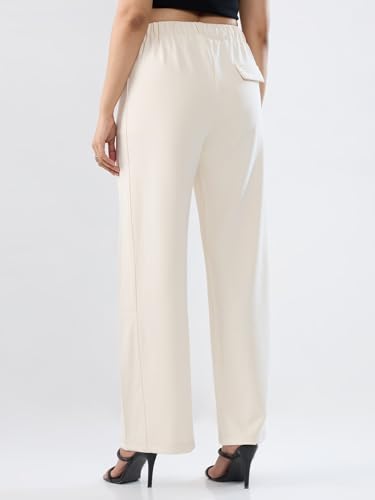 Women Spykar White Solid Wide Leg Mid Rise Knit Track Pant