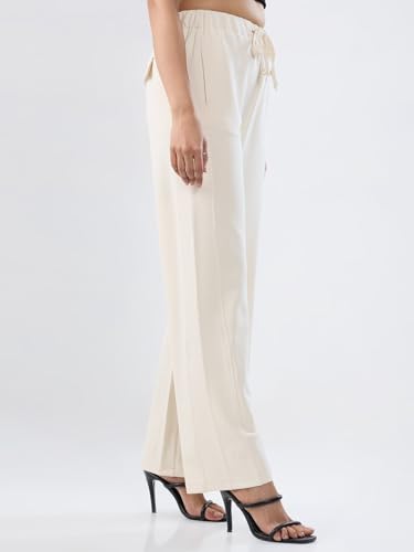 Women Spykar White Solid Wide Leg Mid Rise Knit Track Pant