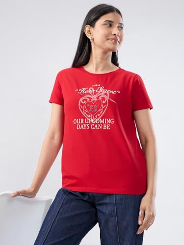 Women Spykar Red Graphic Regular Fit T-Shirt