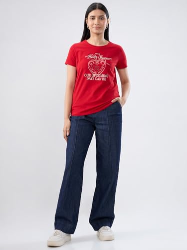 Women Spykar Red Graphic Regular Fit T-Shirt
