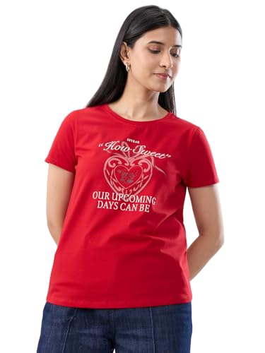 Women Spykar Red Graphic Regular Fit T-Shirt