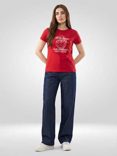 Women Spykar Red Graphic Regular Fit T-Shirt