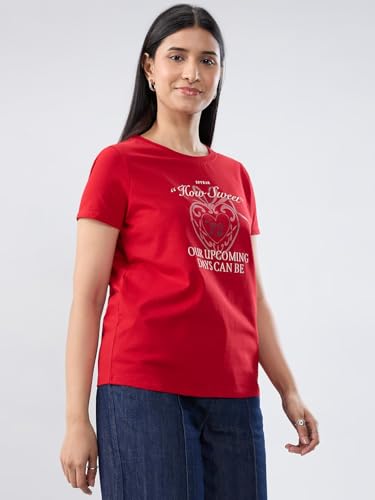 Women Spykar Red Graphic Regular Fit T-Shirt