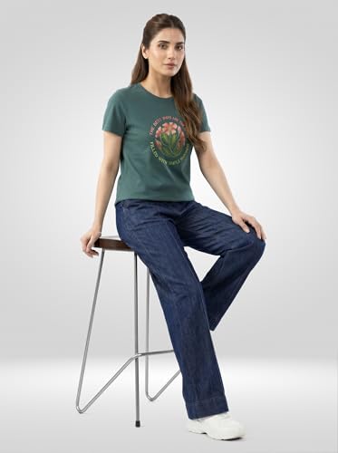 Women Spykar Green Graphic Regular Fit T-Shirt