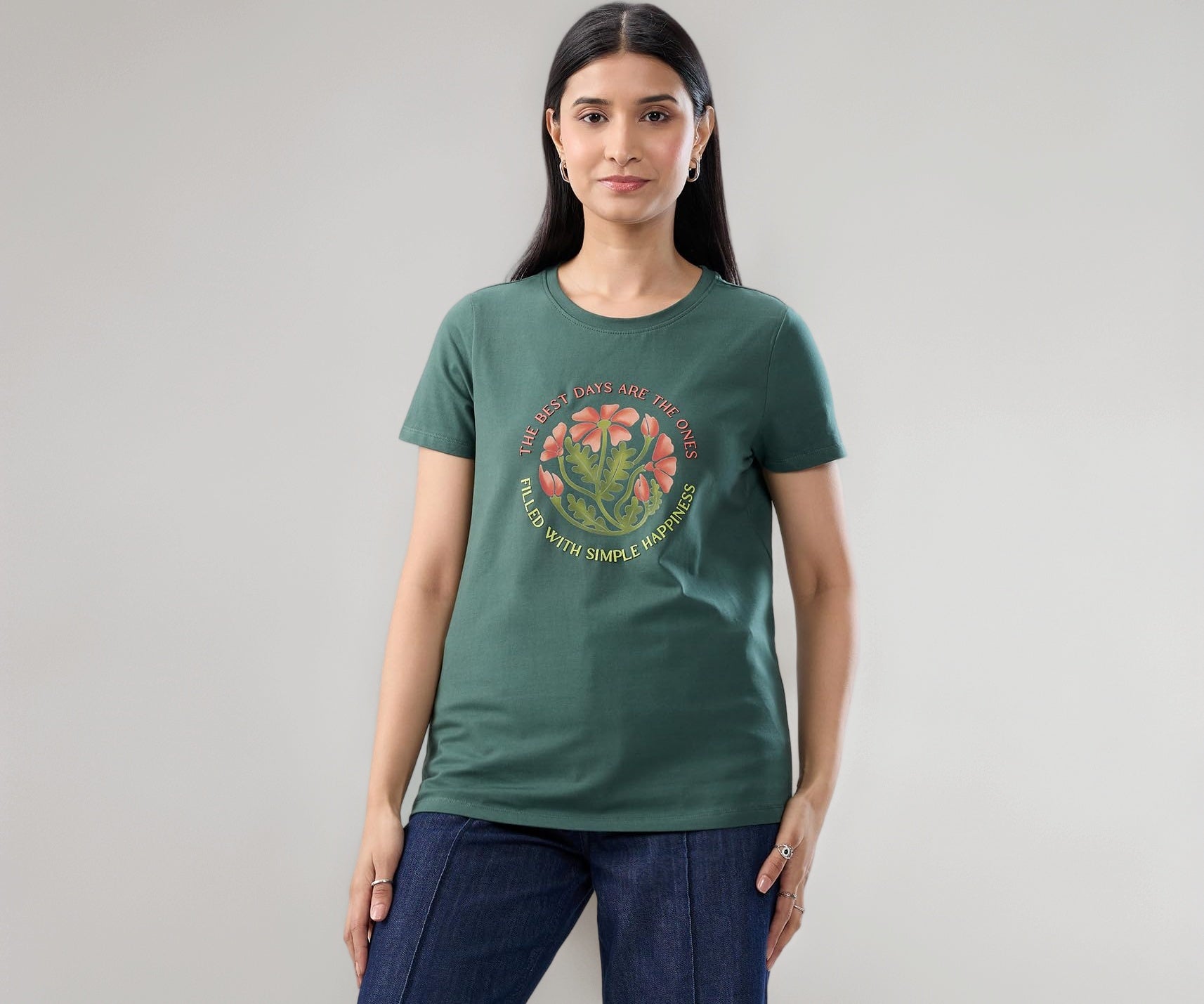 Women Spykar Green Graphic Regular Fit T-Shirt
