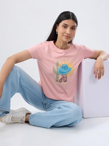 Women Spykar Pink Graphic Regular Fit T-Shirt