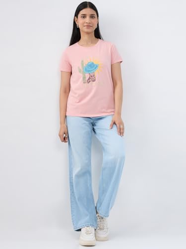 Women Spykar Pink Graphic Regular Fit T-Shirt