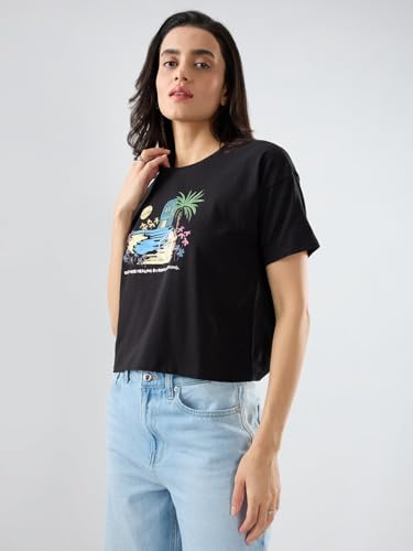 Spykar Black Graphic Boxy Fit T-Shirts for Women