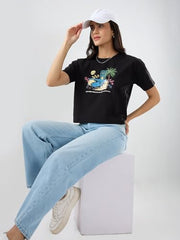 Spykar Black Graphic Boxy Fit T-Shirts for Women