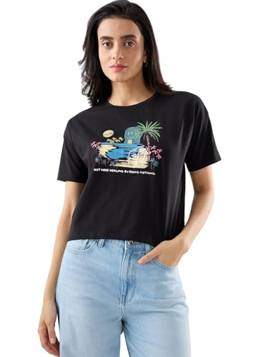 Spykar Black Graphic Boxy Fit T-Shirts for Women