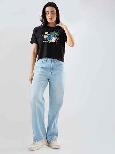 Spykar Black Graphic Boxy Fit T-Shirts for Women