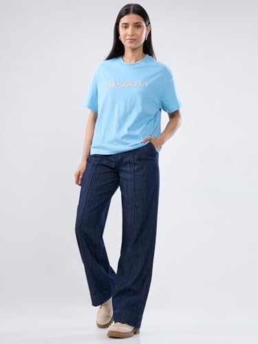 Women Spykar Blue Graphic Oversized Fit T-Shirt