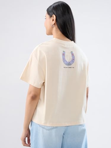 Women Spykar Beige Graphic Oversized Fit T-Shirt