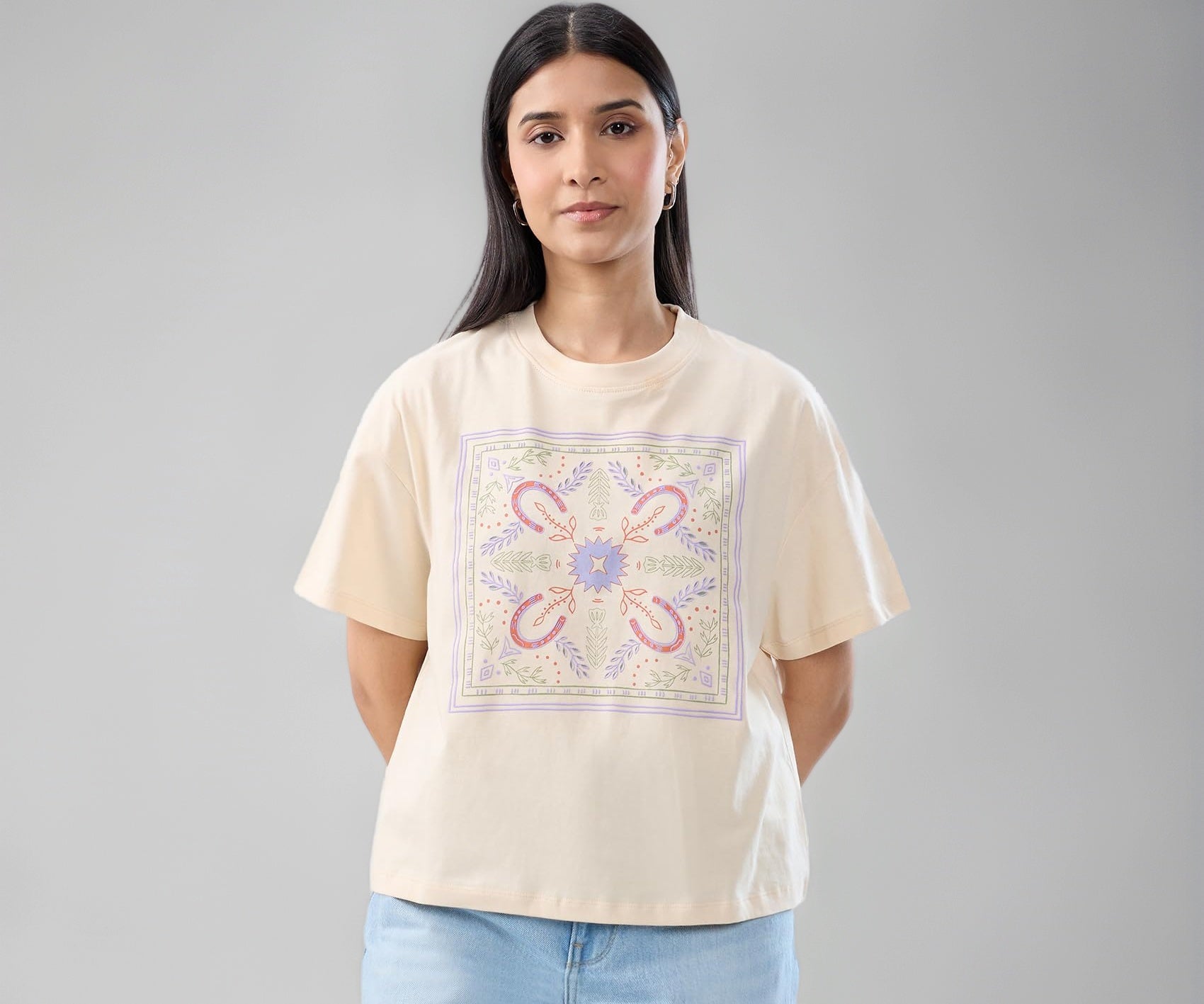 Women Spykar Beige Graphic Oversized Fit T-Shirt