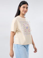 Women Spykar Beige Graphic Oversized Fit T-Shirt