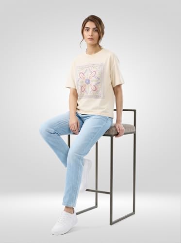 Women Spykar Beige Graphic Oversized Fit T-Shirt