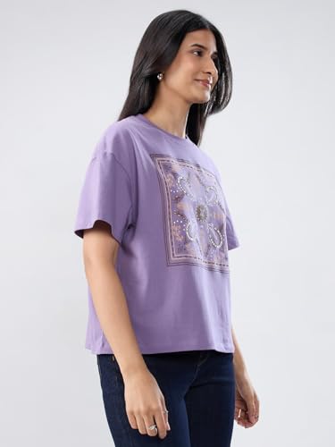 Women Spykar Purple Graphic Oversized Fit T-Shirt