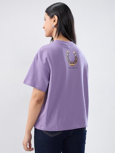 Women Spykar Purple Graphic Oversized Fit T-Shirt