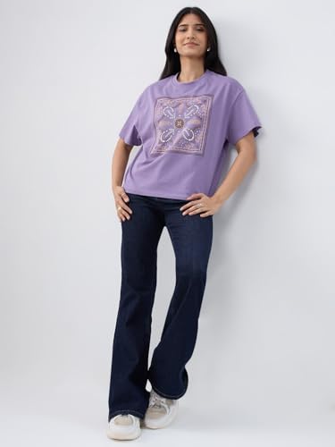 Women Spykar Purple Graphic Oversized Fit T-Shirt