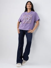 Women Spykar Purple Graphic Oversized Fit T-Shirt