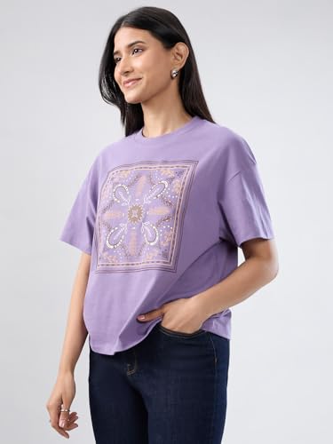 Women Spykar Purple Graphic Oversized Fit T-Shirt