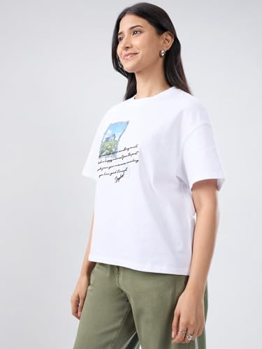 Women Spykar White Graphic Oversized Fit T-Shirt