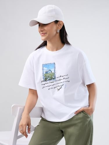 Women Spykar White Graphic Oversized Fit T-Shirt
