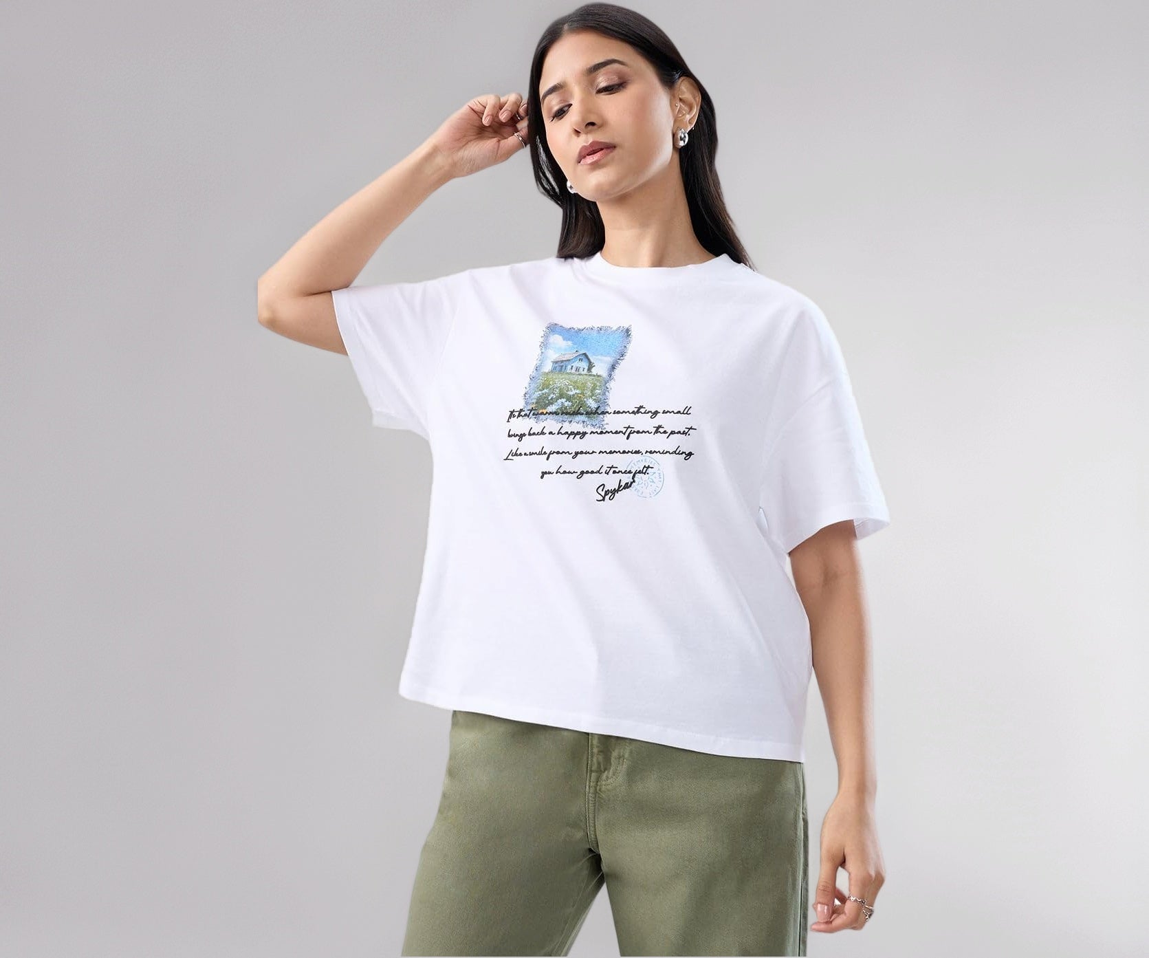 Women Spykar White Graphic Oversized Fit T-Shirt