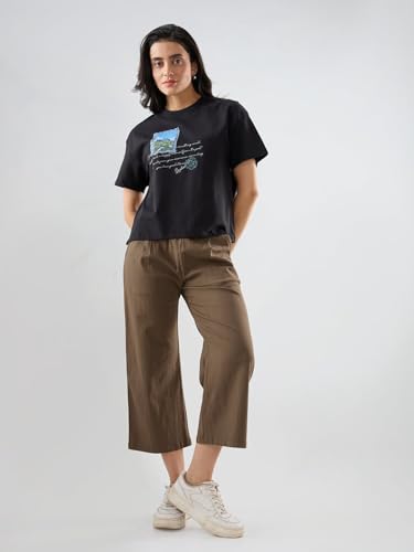 Spykar Black Graphic Oversized Fit T-Shirts for Women