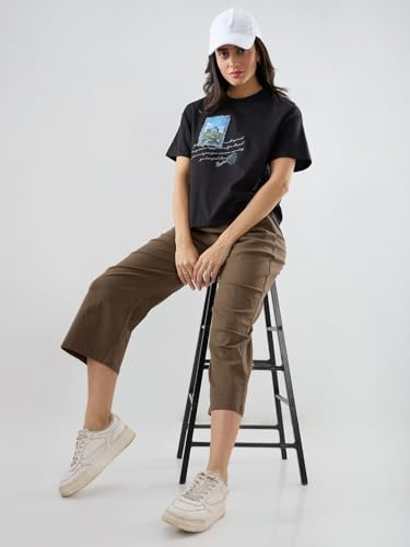 Spykar Black Graphic Oversized Fit T-Shirts for Women