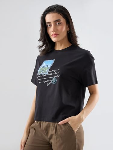 Spykar Black Graphic Oversized Fit T-Shirts for Women